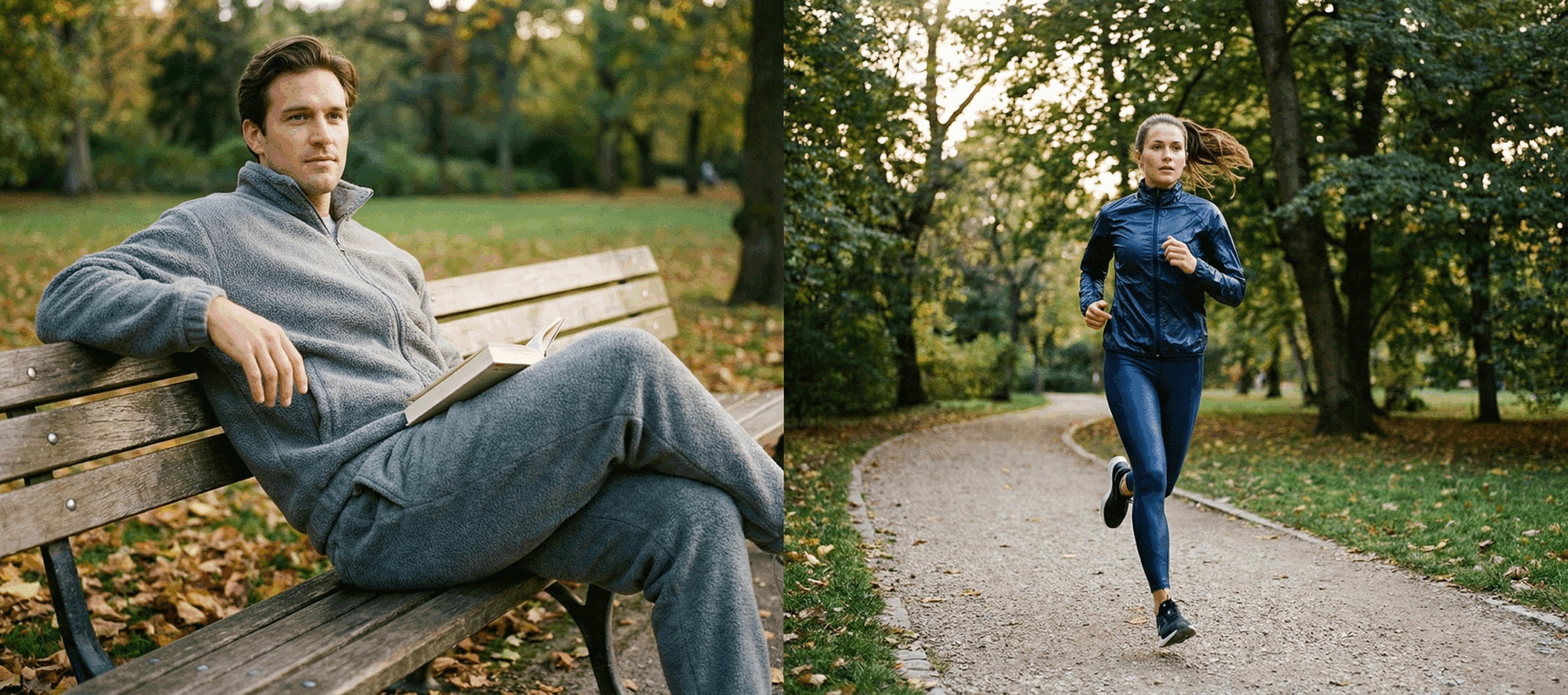 Comparaison visuelle : à gauche, un homme détendu sur un banc dans un parc portant un jogging épais en coton gris ; à droite, une femme courant sur un sentier portant une tenue de running technique synthétique bleu marine.