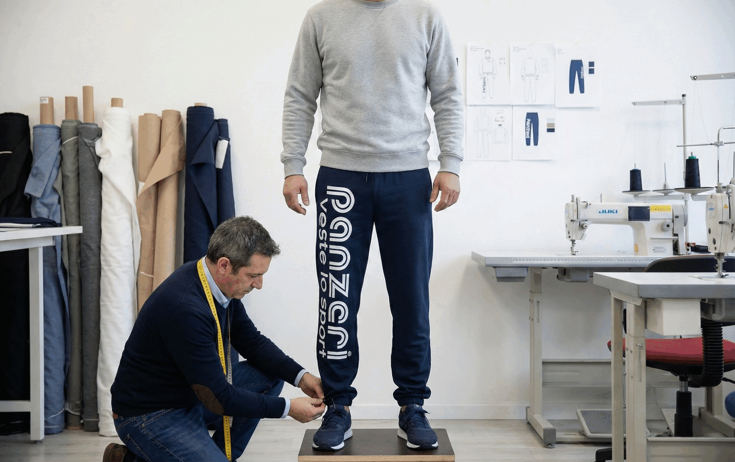 un couturier en train d'ajuster le jogging sur un homme pour l'adapter sur-mesure à sa morphologie.